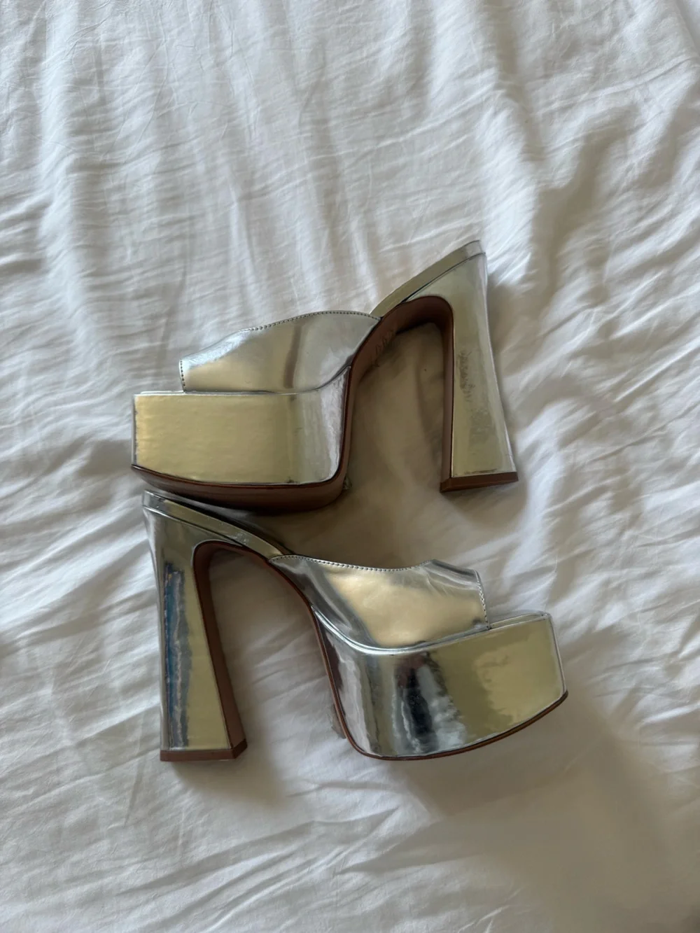 Schutz Adrianna Silver Platform Block Heel Mules for Women